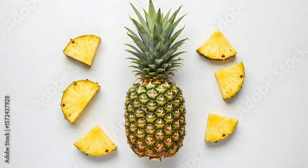 Fototapeta Top View of Fresh Pineapple Fruits and Slices on White Background