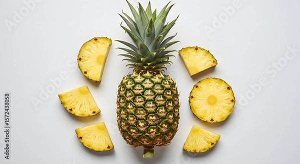 Fototapeta Top View of Fresh Pineapple Fruits and Slices on White Background