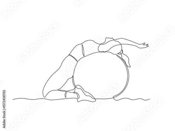Obraz A girl does exercises, gymnastics, Pilates, aerobics lying with her back on a gym ball. continuous single one line art hand drawing sketch logo