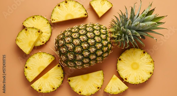 Fototapeta Top View of Fresh Pineapple Fruits and Slices on White Background