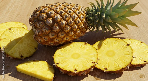 Fototapeta Top View of Fresh Pineapple Fruits and Slices on White Background