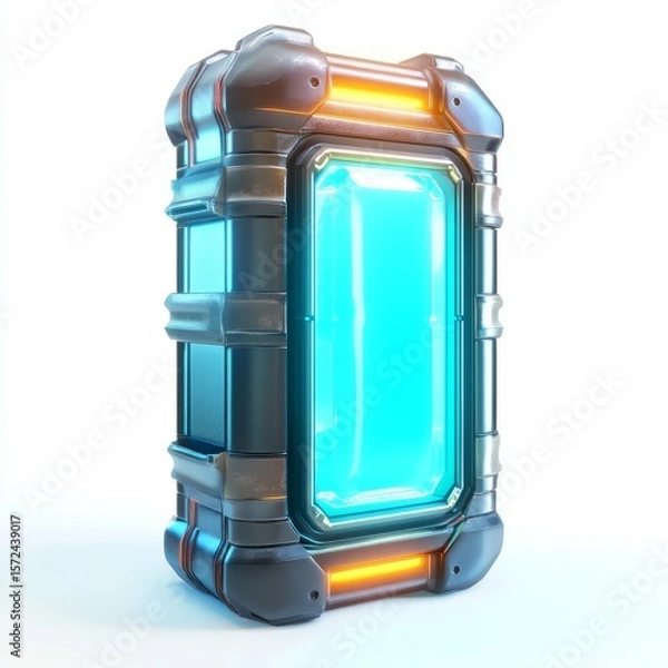 Fototapeta Futuristic sci fi container pod with glowing blue liquid and orange lights for game asset and design 3d