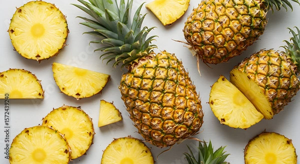 Fototapeta Top View of Fresh Pineapple Fruits and Slices on White Background