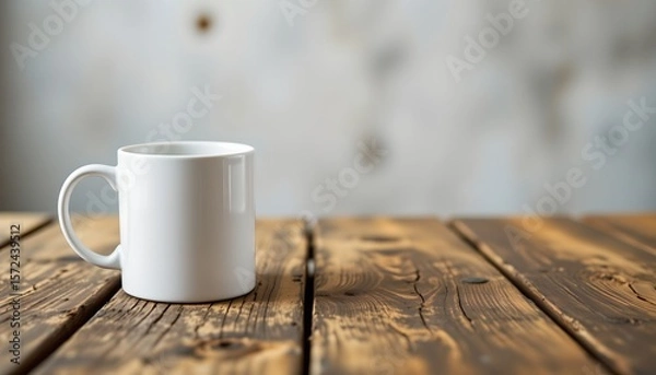 Fototapeta a white coffee mug placed on a wooden table surface that has a weathered texture