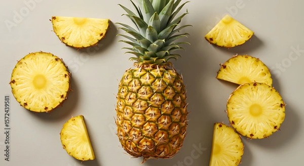 Fototapeta Top View of Fresh Pineapple Fruits and Slices on White Background