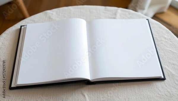 Fototapeta an open book is displayed on a table, showcasing blank pages with visible lines indicating text boundaries within the white pages