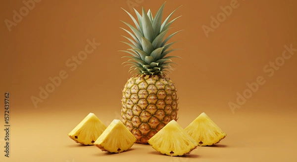 Fototapeta Top View of Fresh Pineapple Fruits and Slices on White Background