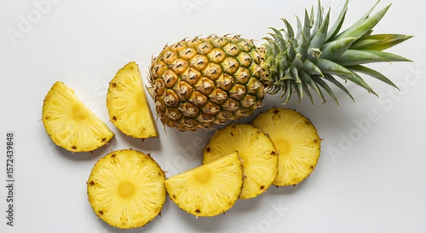 Fototapeta Top View of Fresh Pineapple Fruits and Slices on White Background