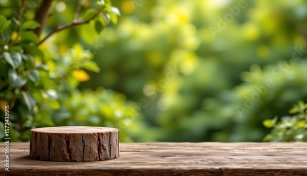 Fototapeta a serene outdoor setting with a wooden bench in the foreground. the bench is positioned against a natural backdrop, where green foliage can be seen