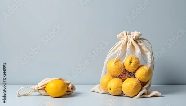 Fototapeta two bags of fresh lemons, one containing whole lemons while the other contains halved lemons, set against a blue background. the lemons are vibrant yellow with a noticeable texture on their skin.