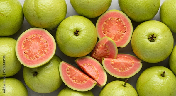Fototapeta Top View of Fresh Pear Fruits and Slices on White Background