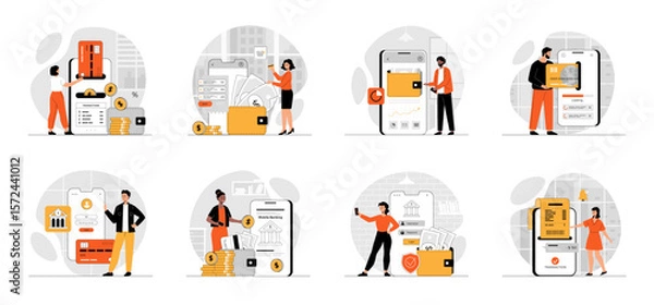 Fototapeta Bundle of Mobile Banking concepts with people scene in flat cartoon design. Collection work with men and women. People . Vector illustration