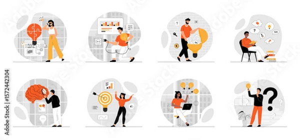 Fototapeta Bundle of Finding Ideas, Solutions concepts with people scene in flat cartoon design. Collection work with men and women. People searching solutions for business and achievement goals. Vector 
