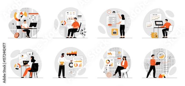 Fototapeta Bundle of Digital Business concepts with people scene in flat cartoon design. Collection work with men and women. Business people management, planning, strategy development online. Vector illustration