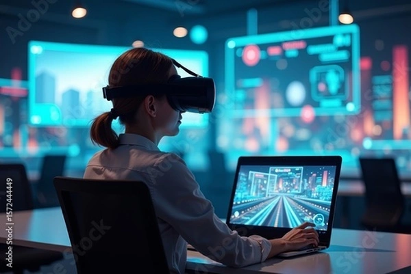 Fototapeta Person in VR Goggles Attending a Meeting in a Futuristic Digital Office Space on Laptop