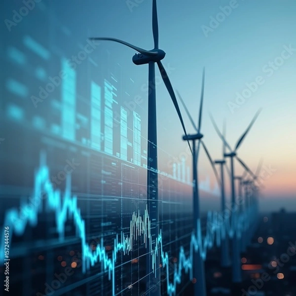Fototapeta A wind turbine with graphs and charts on the screen behind it, representing green energy market data in an urban setting.