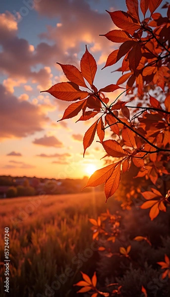 Fototapeta Stunning autumn sunset over a field with vibrant red leaves in the foreground