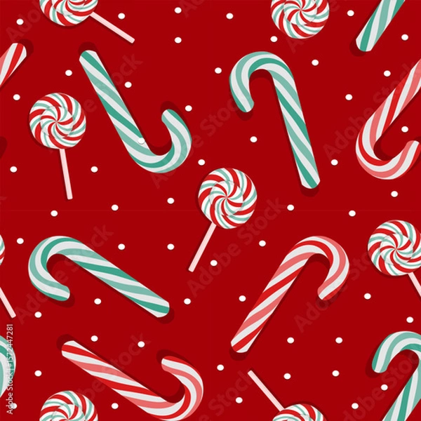 Obraz Seamless Christmas pattern with candy canes, lollipops, and snow dots on red background. Perfect for festive wrapping paper, fabric, and holiday projects.