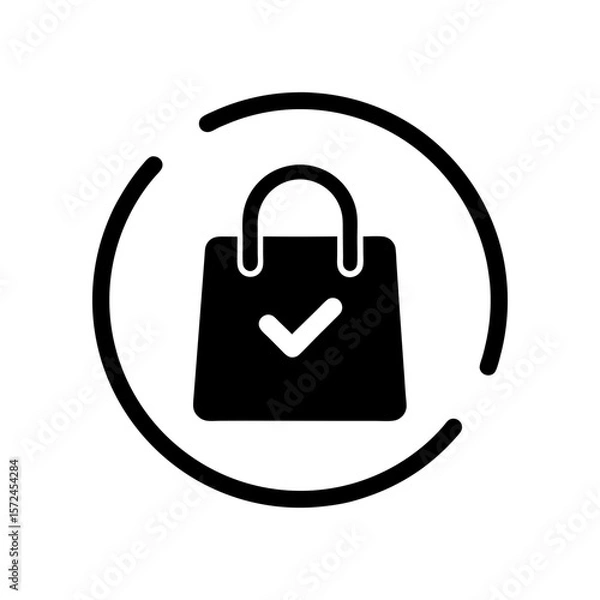 Fototapeta Minimalist bag with checkmark for online shopping success delivery or digital purchase icon
