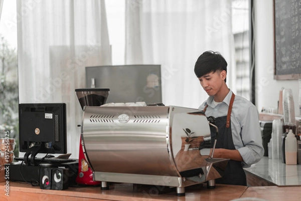 Obraz Barista preparing coffee coffee shop action photo modern environment close-up view daily life