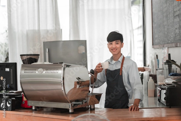 Obraz Barista crafting coffee drinks in urban , portrait of friendly service in bright atmosphere