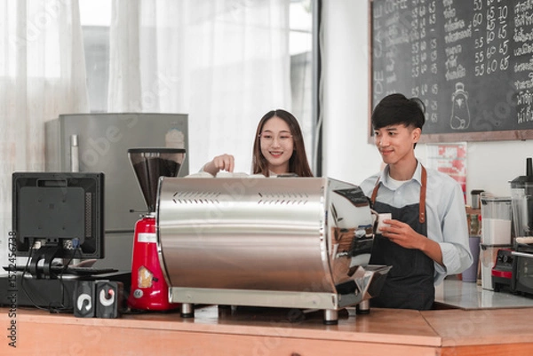 Obraz Barista preparing coffee,  setting, cozy photography, bright environment, engaging viewpoint