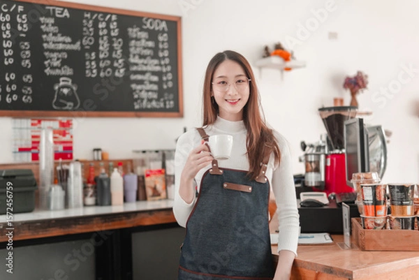 Obraz Stylish barista sipping coffee in trendy urban , candid shot of warmth and culture