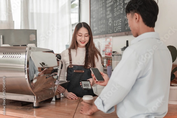 Obraz Cozy barista-customer interaction engaging coffee experience in inviting environment