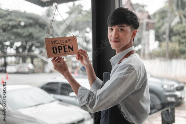 Obraz Welcoming signage display by shop owner urban setting photography daylight friendly vibe