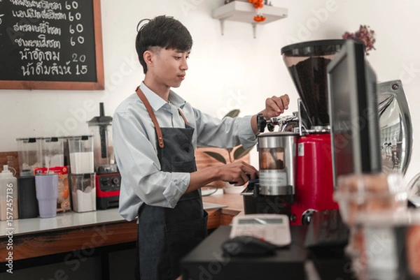 Obraz Skilled barista brewing coffee, cozy , beverage preparation, close-up craftsmanship, artistry