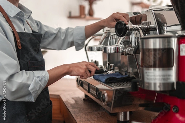 Obraz Crafting coffee perfection, cozy kitchen bar, barista technique, close-up view, inviting atmosphere