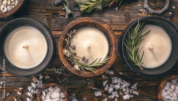 Fototapeta Immerse yourself in serenity with our candles. Hand-poured from natural wax, adorned with rosemary and lavender. Perfect for a cozy evening.