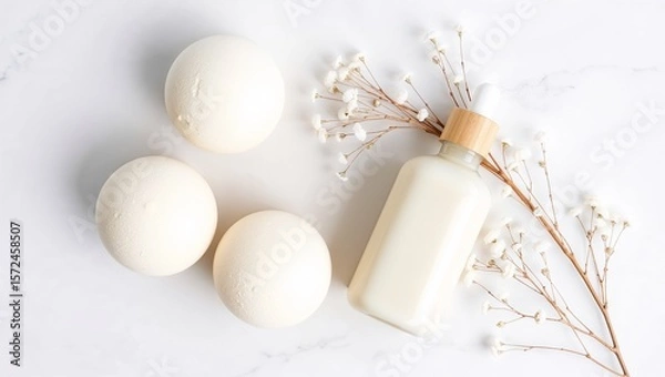 Fototapeta Create the perfect relaxation ritual. Our bath bombs and natural body oil provide gentle hydration and an unforgettable at-home spa experience.