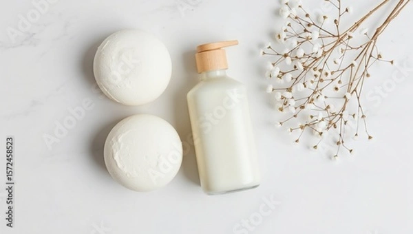 Fototapeta Create the perfect relaxation ritual. Our bath bombs and natural body oil provide gentle hydration and an unforgettable at-home spa experience.