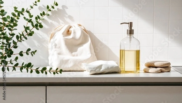 Fototapeta Care for cleanliness and the environment with products. Natural hand soap, reusable cloths, and storage bags. Freshness and style in your home.