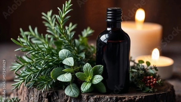 Fototapeta A dark glass oil bottle sits on a wooden log slice, surrounded by fresh herbs like rosemary and mint. In the background, two lit candles create a warm and inviting atmosphere.
