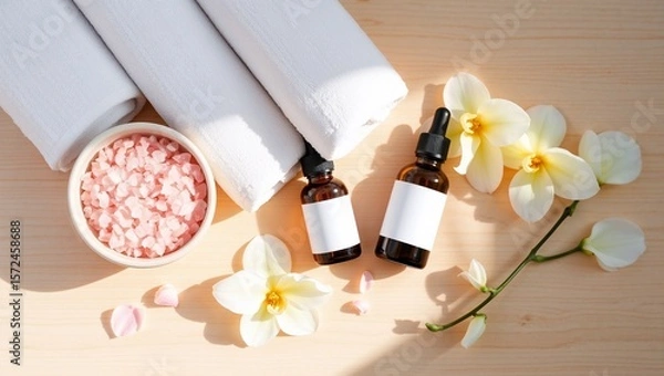 Fototapeta Luxurious Spa Set: On a light wooden table, two rolled white towels, a bowl of pink salt, two essential oil bottles, and several white flowers are arranged.
