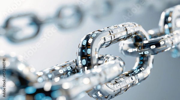 Fototapeta Close-up view of a digital chain with binary code demonstrating blockchain technology and cybersecurity
