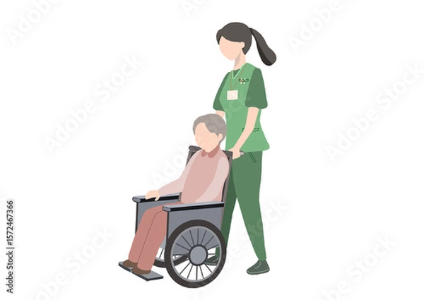 Fototapeta 顔がない老人の車椅子を押す顔がない介護士の絵