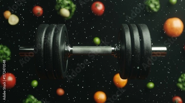 Fototapeta Abstract Design of Floating Dumbbells Surrounded by Colorful Vegetables and Fruits