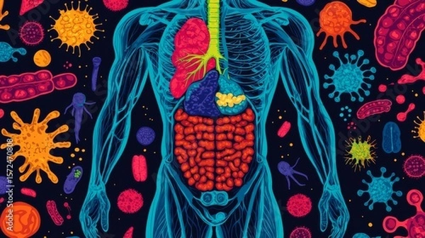 Fototapeta Detailed of the Gut Microbiome with Vibrant Colors and Dynamic Elements