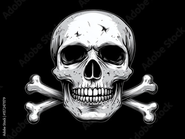 Fototapeta White skull with crossed bones. Hand draw sketch illustration isolated on black background