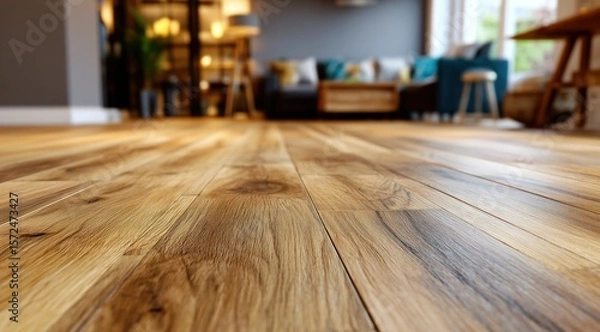 Fototapeta Un parquet en bois de chêne naturel dans un élégant salon avec meubles flous en arrière-plan, image avec espace pour texte.