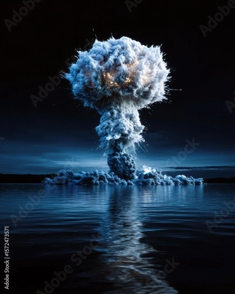 Fototapeta Une explosion nucléaire dans l'eau, ciel sombre, contraste élevé, éclairage blanc, tons bleus.