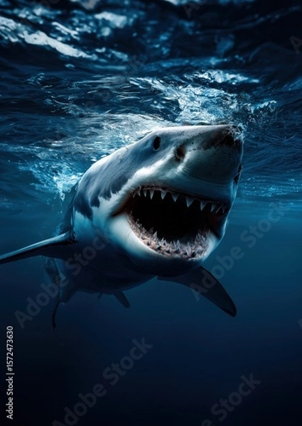 Fototapeta Un grand requin blanc avec la gueule ouverte nageant sous la surface de l'océan, attitude menaçante, attaque imminente.