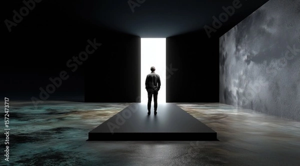 Fototapeta Un homme, les mains dans les poches, vue de dos, se tenant dans une pièce vide sombre avec une ouverture lumineuse créant une atmosphère mystérieuse, image avec espace pour texte