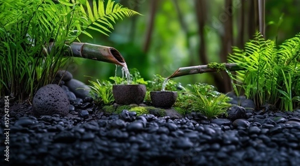 Fototapeta De l'eau coulant de tiges de bambou dans deux petits pots en pierre posés au sol, entourés de plantes vertes et de galets noirs, arrière-plan luxuriant et baigné d'une lumière douce.
