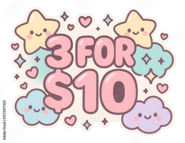 Fototapeta Cute pastel bubble sticker with "3 FOR $10" in playful style, charming retail promo offer on transparent background.