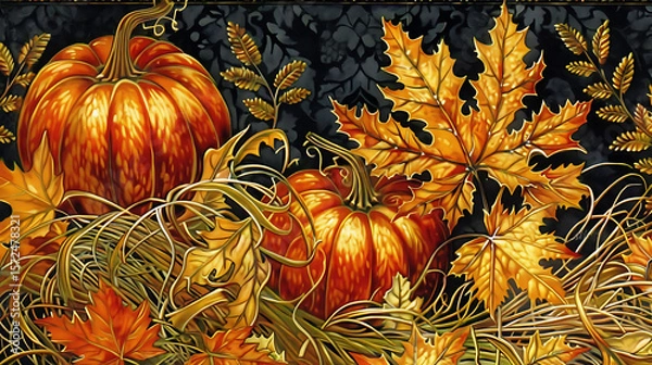 Fototapeta Autumn background with pumpkins, leaves and branches. Vector illustration.