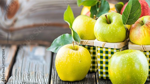 Fototapeta fresh green apples in a basket on a wooden background. toning. selective focus